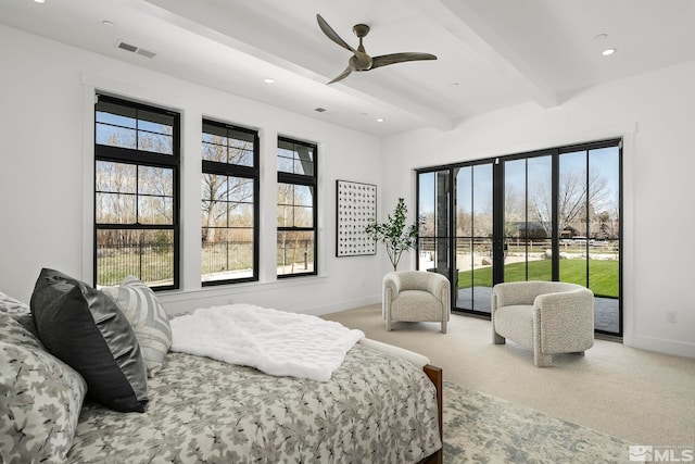 4060 Goodsell Ln, Reno, NV 89523 - bedroom with multiple windows, beamed ceiling, baseboards, carpet floors, and recessed lighting