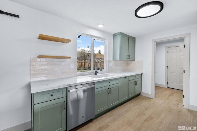 3575 Gull St, Reno, NV 89508 - kitchen with green cabinetry, dishwasher, a sink, open shelves, and decorative backsplash