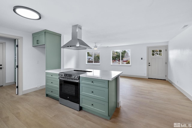 3575 Gull St, Reno, NV 89508 - kitchen featuring green cabinetry, extractor fan, stainless steel range with electric cooktop, and light countertops
