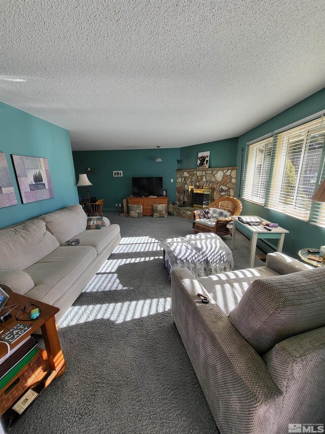 828 W Washington St, Carson City, NV 89703 - carpeted living area featuring a fireplace and a textured ceiling