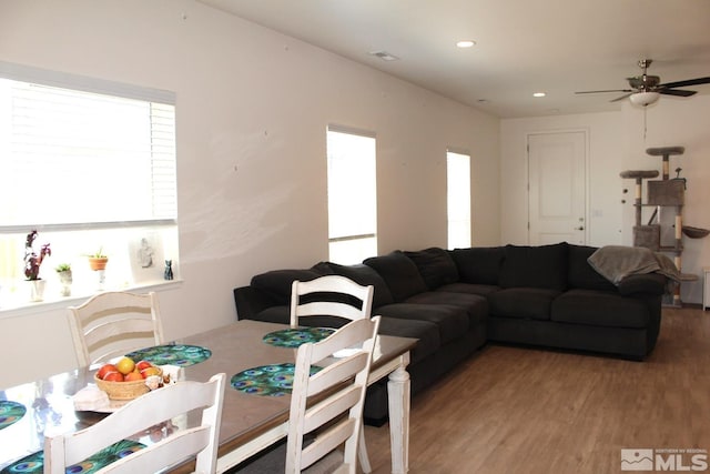 1332 Serenity Cir, Fernley, NV 89408 - living room with light wood finished floors, recessed lighting, and a ceiling fan