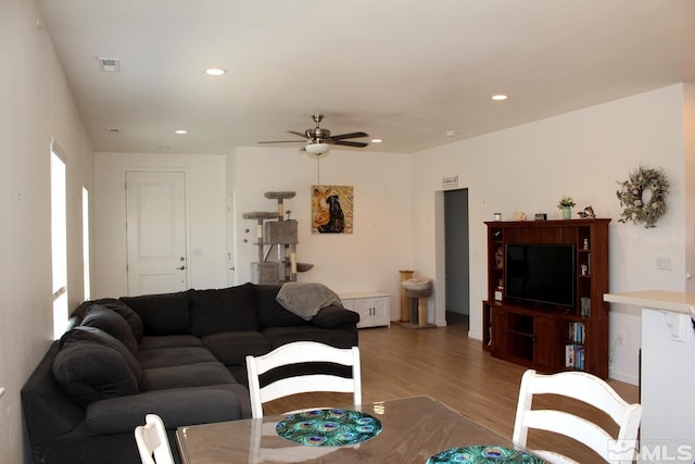 1332 Serenity Cir, Fernley, NV 89408 - living room featuring a ceiling fan, light wood-style floors, and recessed lighting