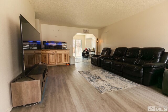 2225 Figoni Ranch Rd, Sparks, NV 89434 - living area with arched walkways, dark wood-style flooring, and a textured ceiling