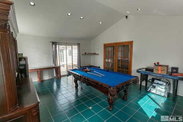 2225 Figoni Ranch Rd, Sparks, NV 89434 - recreation room featuring french doors, vaulted ceiling, billiards, recessed lighting, and baseboards
