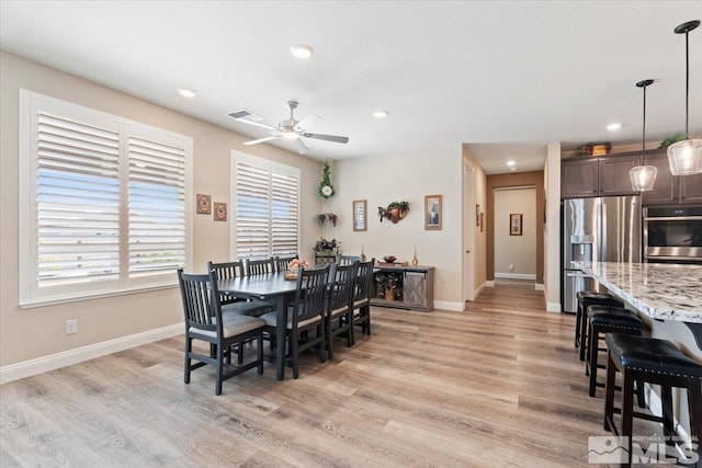 908 Sand Springs Dr, Sparks, NV 89441 - dining space with a ceiling fan, light wood-type flooring, baseboards, and recessed lighting
