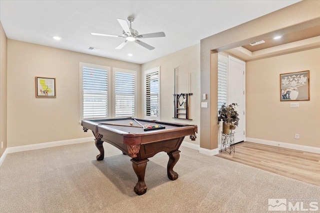 908 Sand Springs Dr, Sparks, NV 89441 - rec room featuring light carpet, ceiling fan, billiards, baseboards, and recessed lighting