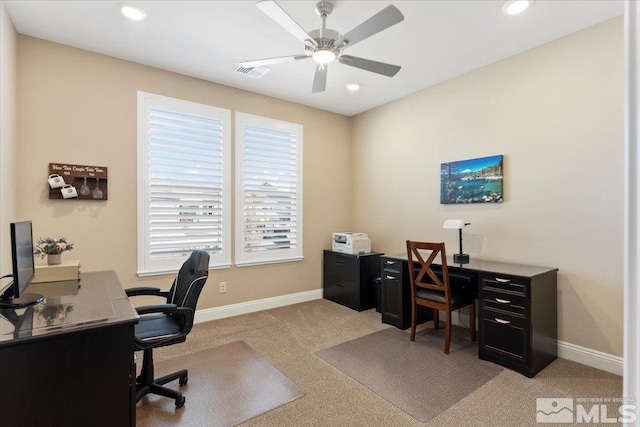 908 Sand Springs Dr, Sparks, NV 89441 - office featuring a ceiling fan, light colored carpet, baseboards, and recessed lighting