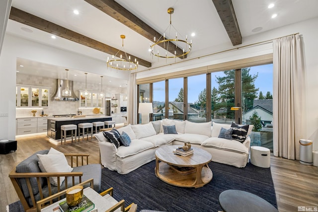4312 Beaujolais St, Reno, NV 89511 - living area featuring a chandelier, beam ceiling, light wood-style floors, and recessed lighting