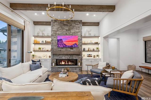 4312 Beaujolais St, Reno, NV 89511 - living area with wood finished floors, a stone fireplace, beamed ceiling, and a chandelier