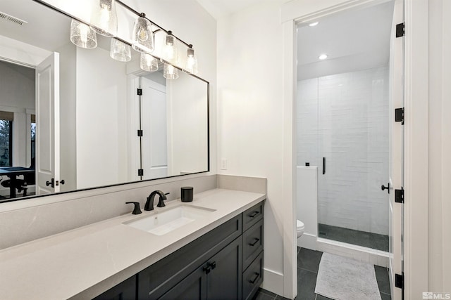 4312 Beaujolais St, Reno, NV 89511 - bathroom with a stall shower, toilet, tile patterned floors, vanity, and recessed lighting