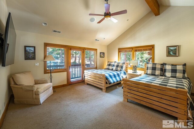 2147 The Back Rd, Glenbrook, NV 89413 - carpeted bedroom with access to outside, beam ceiling, high vaulted ceiling, baseboards, and a ceiling fan