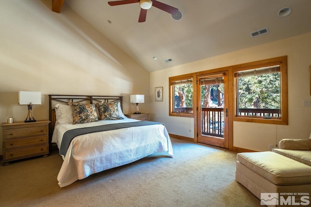 2147 The Back Rd, Glenbrook, NV 89413 - bedroom featuring access to exterior, carpet flooring, baseboards, high vaulted ceiling, and ceiling fan