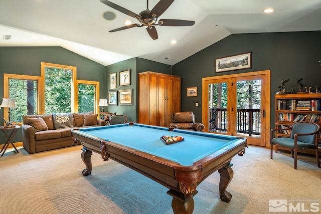 2147 The Back Rd, Glenbrook, NV 89413 - playroom featuring vaulted ceiling, carpet, billiards, a ceiling fan, and recessed lighting