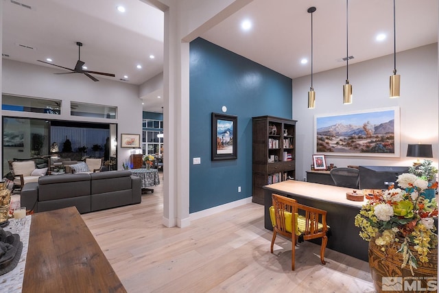 720 Marewood Trl, Reno, NV 89511 - living area with high vaulted ceiling, light wood finished floors, a ceiling fan, baseboards, and recessed lighting