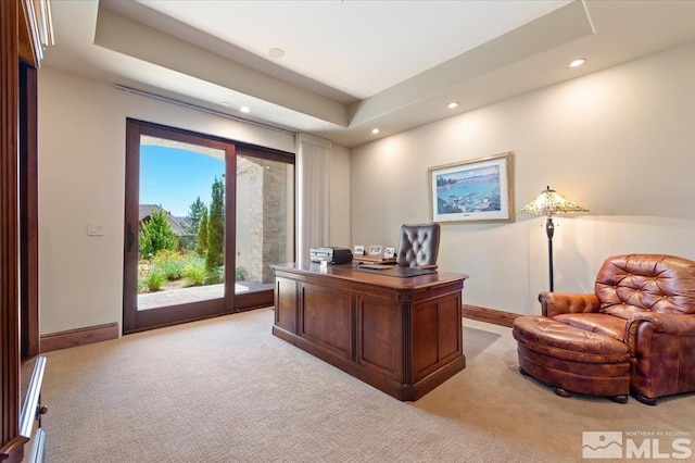 6645 De Chardin Ln, Reno, NV 89511 - office featuring recessed lighting, light carpet, baseboards, and a tray ceiling