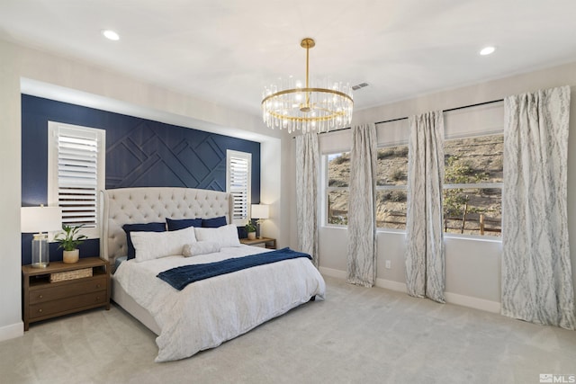 carpeted bedroom with baseboards, a chandelier, multiple windows, and recessed lighting