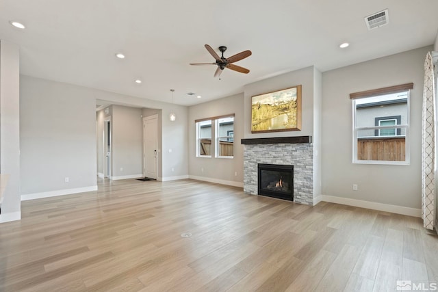 7393 Oakmont Ln, Sparks, NV 89441 - unfurnished living room with ceiling fan, light wood-style floors, recessed lighting, a fireplace, and baseboards