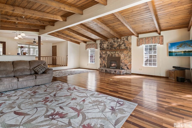 2266 W Washington St, Carson City, NV 89703 - living room featuring wooden ceiling, wood-type flooring, baseboards, and ceiling fan