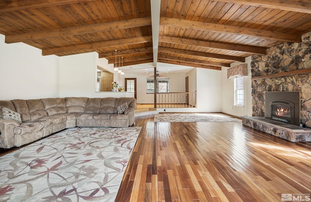 2266 W Washington St, Carson City, NV 89703 - unfurnished living room with hardwood / wood-style flooring, wooden ceiling, a stone fireplace, and baseboards