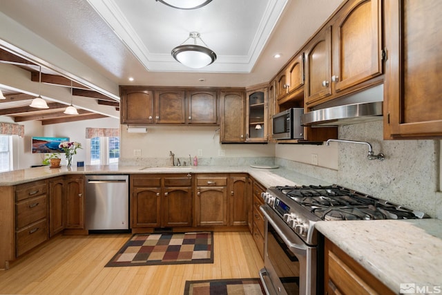 2266 W Washington St, Carson City, NV 89703 - kitchen featuring appliances with stainless steel finishes, a sink, plenty of natural light, a tray ceiling, and ornamental molding