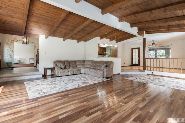 2266 W Washington St, Carson City, NV 89703 - living area featuring wooden ceiling, wood finished floors, a chandelier, and ceiling fan