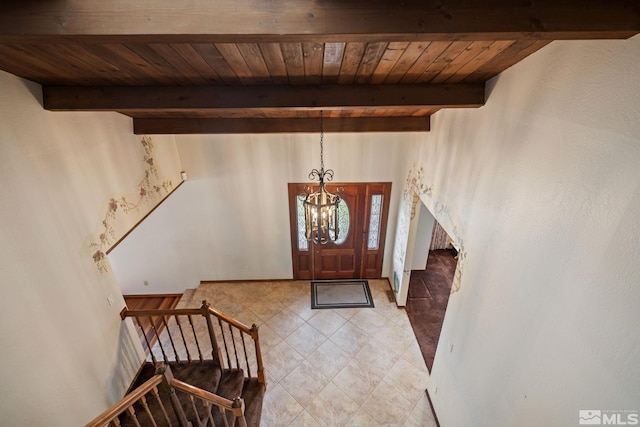 2266 W Washington St, Carson City, NV 89703 - entrance foyer with stairs, a chandelier, beamed ceiling, and wood ceiling