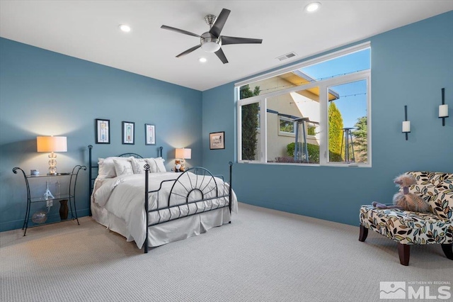 bedroom with carpet flooring, recessed lighting, ceiling fan, and baseboards