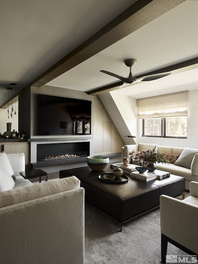 9 Beach Club Dr Unit 116, Stateline, NV 89449 - carpeted living area with ceiling fan, a fireplace, and lofted ceiling