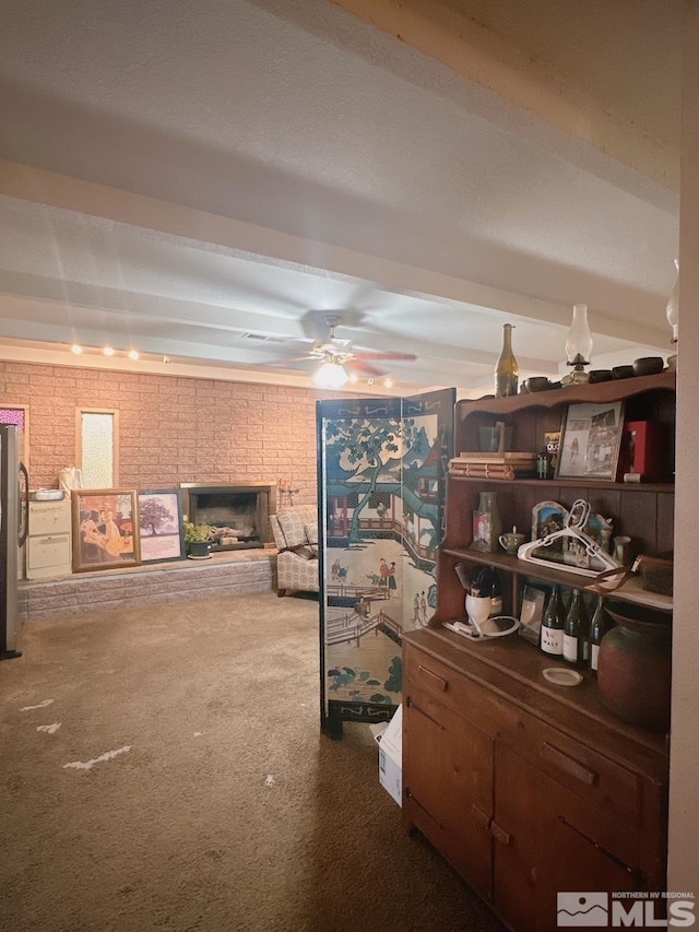 695 York Way, Sparks, NV 89431 - basement featuring carpet floors, a ceiling fan, and a brick fireplace