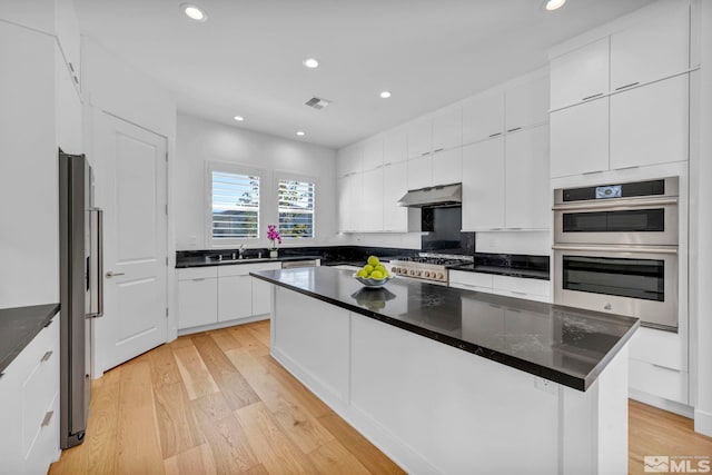2277 White Clay Dr, Reno, NV 89521 - kitchen featuring under cabinet range hood, light wood finished floors, stainless steel appliances, white cabinetry, and recessed lighting