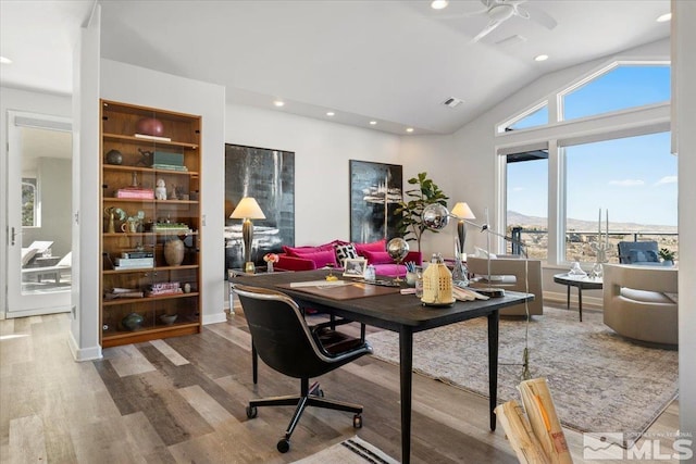 10241 Zuni Ridge Trl, Reno, NV 89511 - office featuring wood finished floors, recessed lighting, lofted ceiling, and a ceiling fan