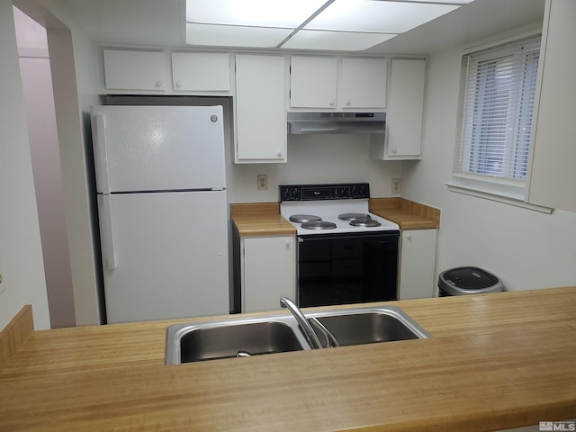 2341 Roundhouse Rd, Sparks, NV 89431 - kitchen with freestanding refrigerator, electric stove, under cabinet range hood, a sink, and white cabinets