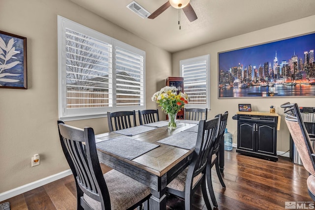 132 Egan Ave, Dayton, NV 89403 - dining area with ceiling fan, dark wood finished floors, baseboards, and a skyline view