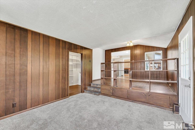 carpeted spare room with wood walls and a textured ceiling