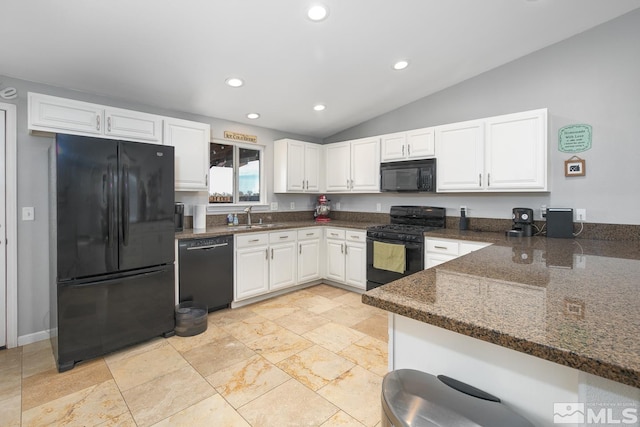 261 Brent St, Fallon, NV 89406 - kitchen with black appliances, a sink, lofted ceiling, white cabinets, and recessed lighting