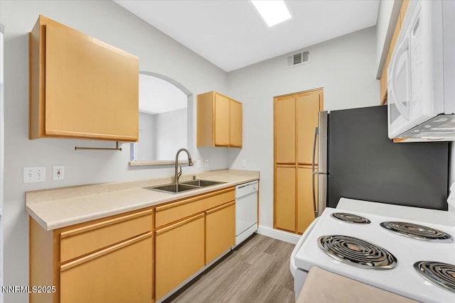 6850 Sharlands Ave Unit U1122, Reno, NV 89523 - kitchen featuring white appliances, a sink, light wood finished floors, and light countertops