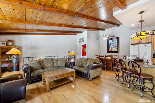 114 Angora Ct Unit A, Zephyr Cove, NV 89448 - living area featuring beamed ceiling, ceiling fan, light wood-style flooring, and wooden ceiling