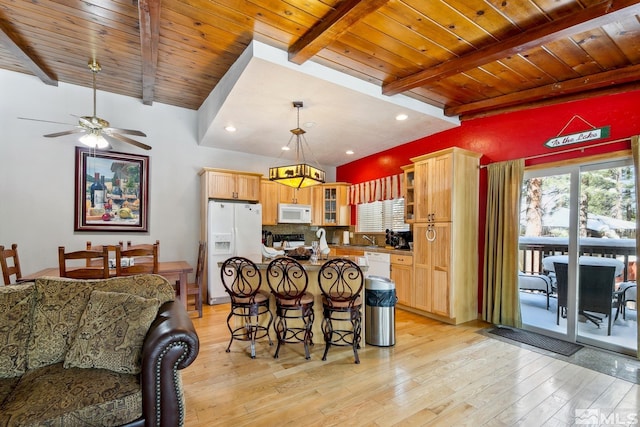 114 Angora Ct Unit A, Zephyr Cove, NV 89448 - kitchen featuring white appliances, beamed ceiling, light wood-style floors, wood ceiling, and glass insert cabinets