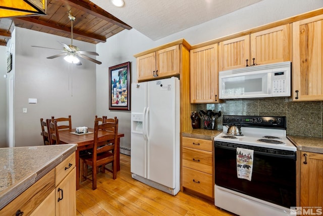 114 Angora Ct Unit A, Zephyr Cove, NV 89448 - kitchen with white appliances, tasteful backsplash, a ceiling fan, light wood-style floors, and beam ceiling