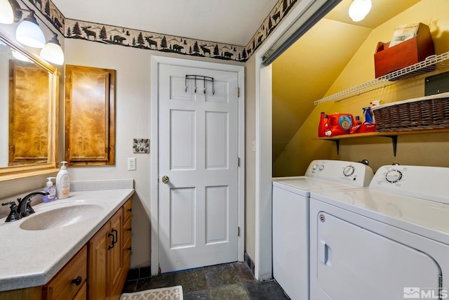 114 Angora Ct Unit A, Zephyr Cove, NV 89448 - clothes washing area featuring washer and clothes dryer and dark stone finish floors