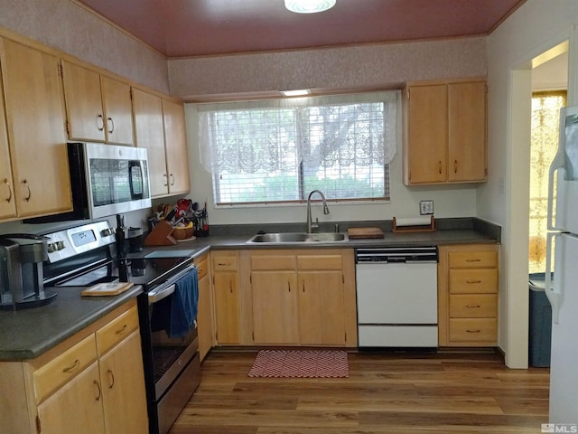 115 Smithridge Park, Reno, NV 89502 - kitchen featuring appliances with stainless steel finishes, a sink, light brown cabinetry, wood finished floors, and dark countertops