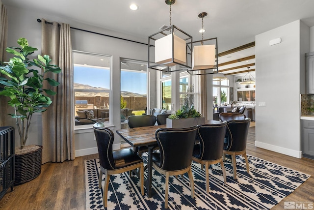 dining room featuring dark wood finished floors, baseboards, and recessed lighting