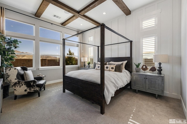 bedroom with carpet flooring, coffered ceiling, beamed ceiling, and baseboards