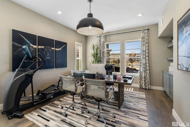 office area with wood finished floors, baseboards, and recessed lighting