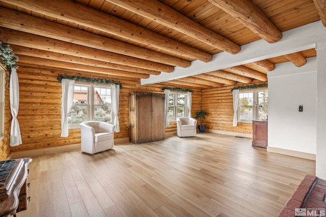 15290 Cherrywood Dr, Reno, NV 89511 - unfurnished room with light wood-style floors, wood ceiling, beam ceiling, rustic walls, and baseboards