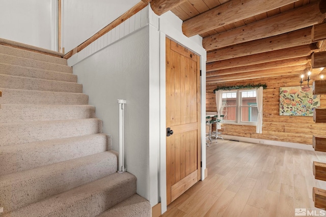15290 Cherrywood Dr, Reno, NV 89511 - staircase featuring wood finished floors, beam ceiling, and wooden ceiling