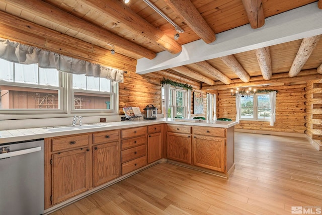 15290 Cherrywood Dr, Reno, NV 89511 - kitchen featuring stainless steel dishwasher, wooden ceiling, a peninsula, a sink, and beamed ceiling
