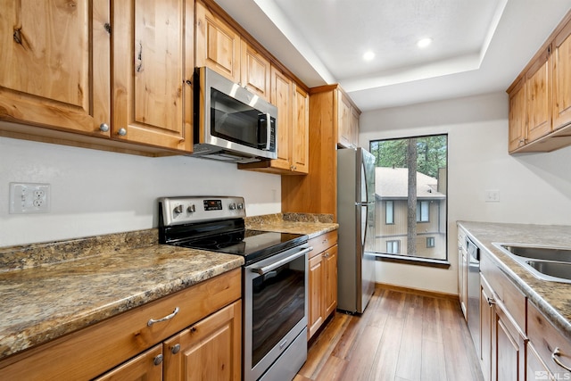 kitchen with appliances with stainless steel finishes, light wood finished floors, recessed lighting, baseboards, and a sink