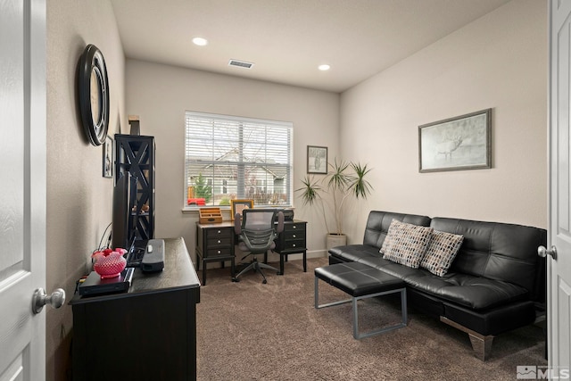 carpeted office with recessed lighting and baseboards