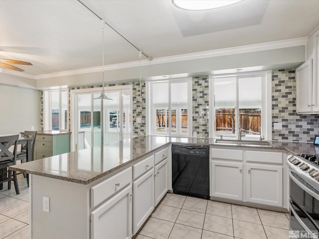286 Woodlake Cir, Dayton, NV 89403 - kitchen with dishwasher, tasteful backsplash, light tile patterned floors, crown molding, and stone counters